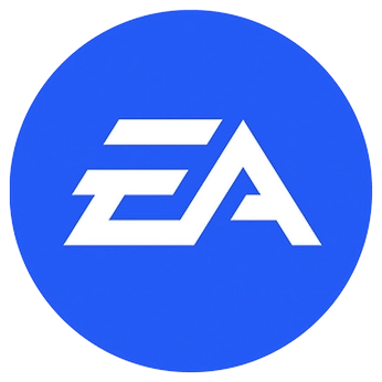 Logo van Electronic Arts (EA) in witte letters op een blauwe ronde achtergrond.