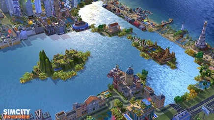 Stad aan het water met eilanden en gebouwen in een SimCity bouwsimulatie.