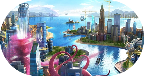 Futuristische stad aan het water met wolkenkrabbers, boten en kleurrijke effecten in SimCity-stijl.