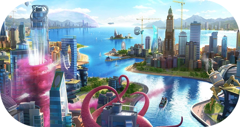 Futuristische stad aan het water met wolkenkrabbers, boten en kleurrijke effecten in SimCity-stijl.