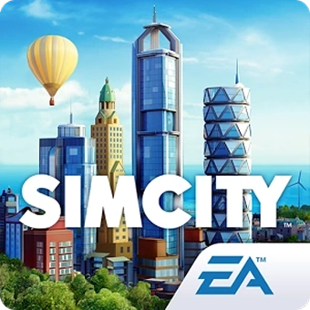 Officiële cover van het spel SimCity met moderne wolkenkrabbers en het EA-logo.