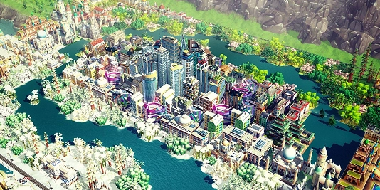 Luchtzicht van een kleurrijke stad met gebouwen, rivieren en parken in SimCity-stijl.