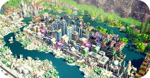 Luchtzicht van een kleurrijke stad met gebouwen, rivieren en parken in SimCity-stijl.