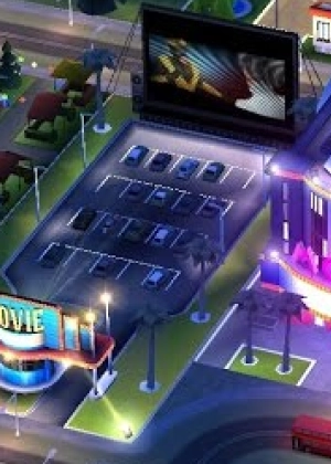 Stadsgebied met parkeerplaats en digitaal scherm in een SimCity-achtige omgeving.