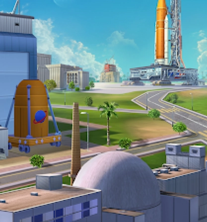 Ruimtecentrum met raket en gebouwen in een SimCity stadsbouwspel.