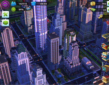 Moderne stad met wolkenkrabbers en straten vanuit bovenaanzicht in een SimCity game-interface.