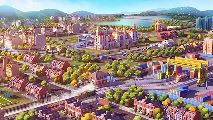 Stadsontwikkeling met wegen, treinen en gebouwen in een SimCity-achtige omgeving.